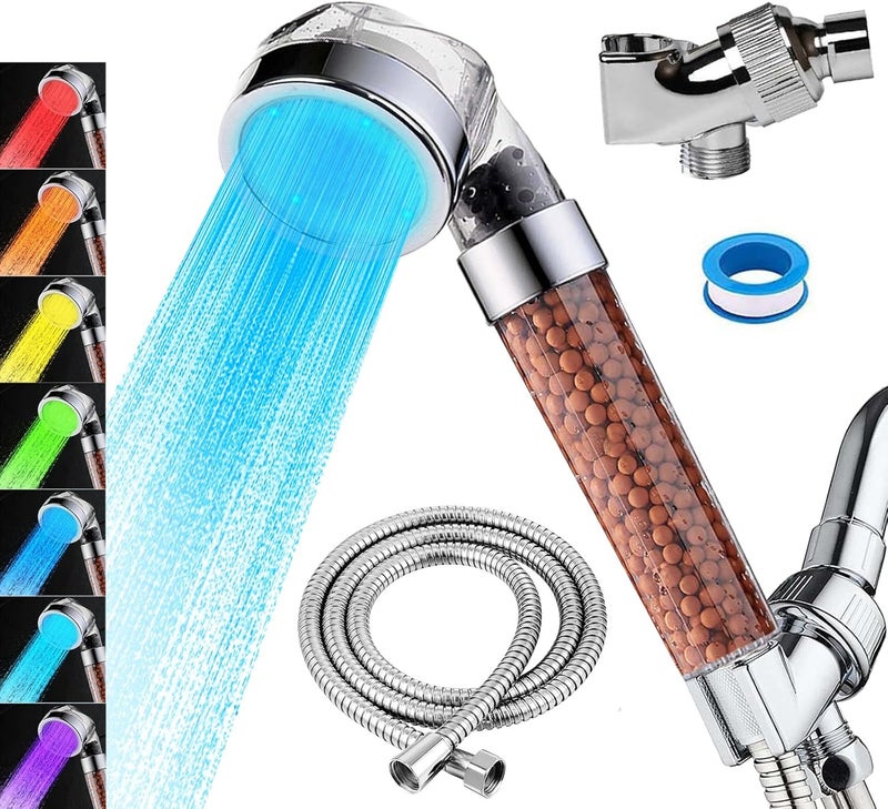 Vacto LED Handheld Shower Head Set with Filtration, Automatic 7-color Changing Shower Head Kit, High Pressure Handheld Shower Head with Hose and Bracket, Water Saving Showerheads with Filtration Beads - Image 1